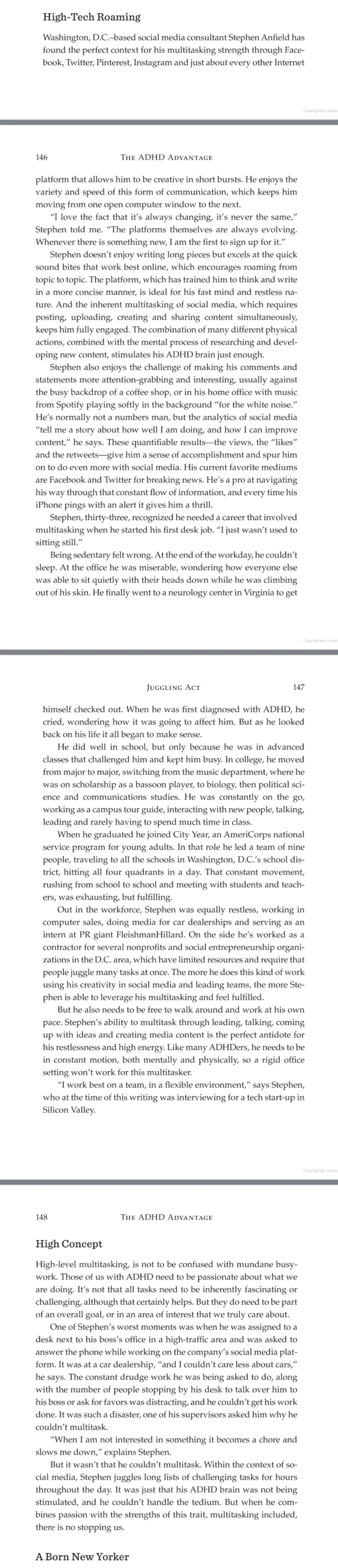 Pages from The ADHD Advantage by Dale Archer, MD, featuring a multi-page profile of Stephen Anfield discussing his career in social media, digital strategy, and community engagement